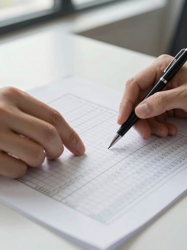 Close-up overhead view of hands carefully reviewing a printed spreadsheet on a clean desk, a pen resting beside annotated columns of numbers, soft daylight from an office window illuminating the document surface, no faces visible, crisp detail on the paper texture and ink marks