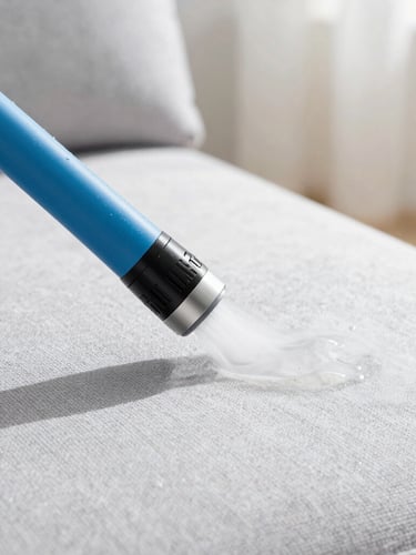 Macro professional steam cleaning nozzle extracting dirt from a light grey textured fabric sofa, bright natural daylight, water droplets visible, professional equipment