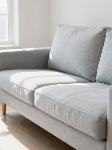 Macro shot of a clean, bright living room with a perfectly sanitized light grey sofa, warm daylight streaming through windows, dust-free atmosphere