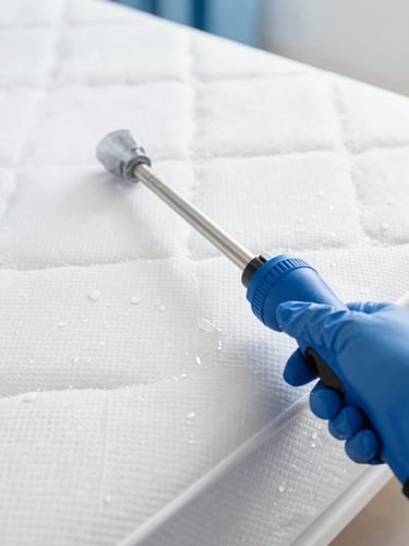 Bright professional macro photography of a steam cleaning nozzle sanitizing a white mattress, clean natural daylight, water droplets, fresh blue tones, 35mm