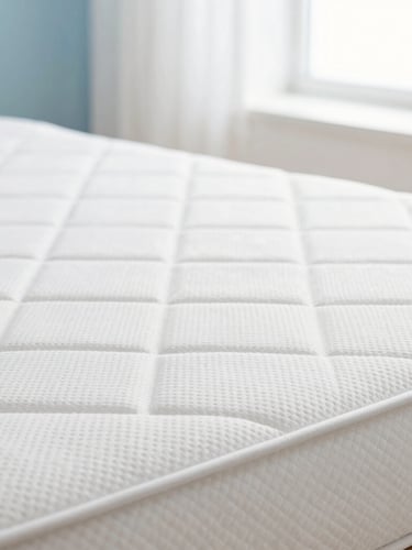 Bright professional macro photography of a clean, sunlit bedroom with a perfectly sanitized white mattress, bright daylight coming through a window, fresh and airy atmosphere, 35mm