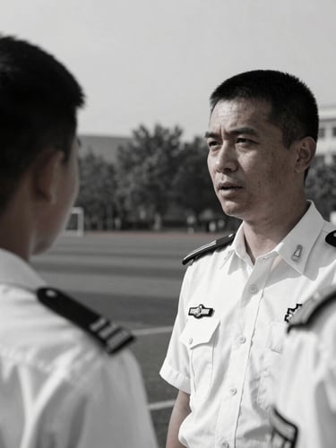 Dramatic editorial portrait of a military officer-instructor in clean uniform talking to a young cadet, high contrast desaturated tones, crisp daylight, 35mm