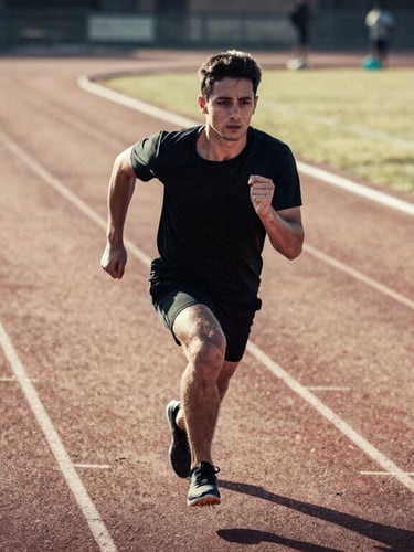 Dramatic editorial portrait of a determined cadet during intense athletic training on a modern running track, crisp morning daylight, high contrast, desaturated tones, 35mm