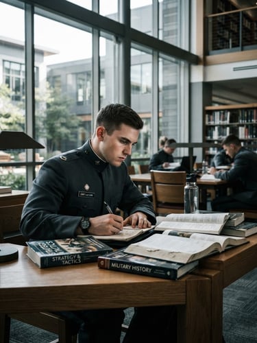 Dramatic editorial photography of a focused cadet studying in a modern military academy library, crisp morning daylight, high contrast desaturated tones, sharp focus, 35mm