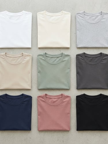 Top-down flat-lay of clean blank cotton t-shirts in various neutral colors, neatly folded on a crisp light grey industrial concrete surface, bright high-key studio lighting, sharp focus