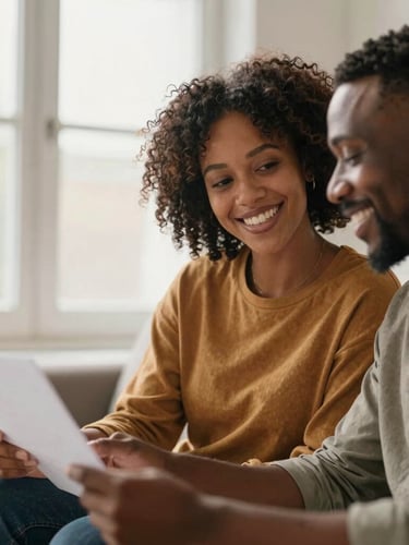 African American black woman speaking with an African American black man, both smiling and engaged, looking at documents, warm natural window light, soft inviting, shallow depth of field, 35mm lens