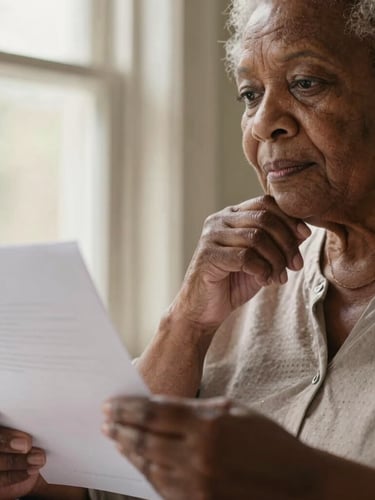 Close-up of an elderly African American woman's hands holding a document, looking thoughtful, warm natural window light, shallow depth of field, 35mm lens.