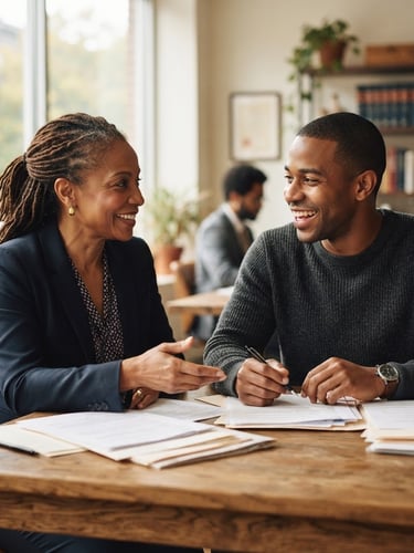 African American female advocate speaking with an African American male client, both smiling, seated at a table with documents, warm natural window light, shallow depth of field, 35mm lens.