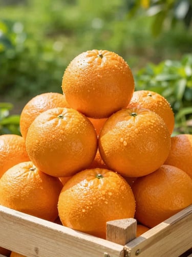 Bright high-key commercial photography of premium Valencia oranges with vibrant orange skin, stacked neatly in a clean export-grade wooden crate, natural morning daylight, sharp focus, 35mm.