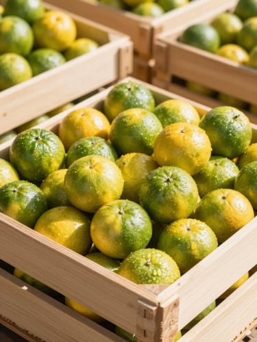Crisp high-key commercial photography of export-grade citrus packed perfectly in clean modern wooden crates, bright daylight, sharp focus