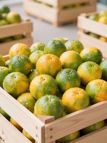 Bright high-key commercial photography of export-grade citrus packed in modern wooden crates inside a clean, temperature-controlled facility, natural daylight, sharp focus.