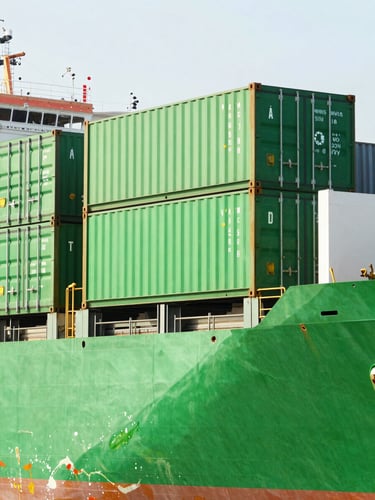 Bright high-key commercial photography of a cargo ship being loaded with modern green containers at Alexandria port, natural daylight, sharp focus, 35mm