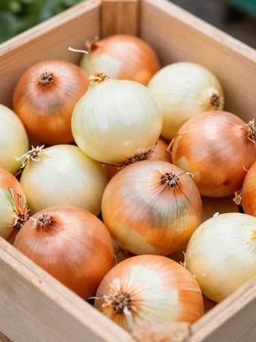 Crisp close-up of export-grade yellow onions in clean wooden crates, bright natural daylight, sharp focus, 35mm