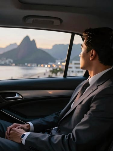 Over-the-shoulder shot from the backseat of a premium black sedan, a passenger in a crisp suit looking out of a clean window showing blurred Rio de Janeiro evening lights, golden hour glow on leather seats.