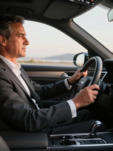Foco próximo nas mãos de um motorista profissional vestindo terno escuro e camisa branca impecável ao volante de um sedã executivo de luxo, com a iluminação suave do entardecer carioca refletindo discretamente no painel de couro.