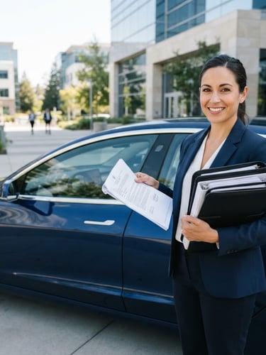 Crisp corporate photography, professional field agent holding organized legal documents next to a clean modern vehicle, bright daylight, Burlingame office background, 35mm