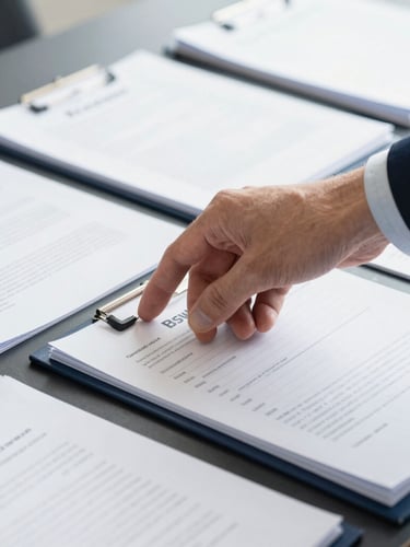 Close-up of organized legal documents with a professional hand-off, bright natural daylight, clean navy and white tones, sharp focus, 35mm