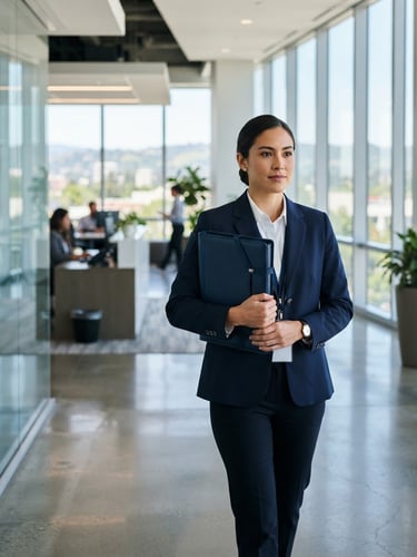 Crisp corporate photography of a professional courier in a navy uniform holding a secure legal folder, bright natural daylight, Burlingame office background, 35mm