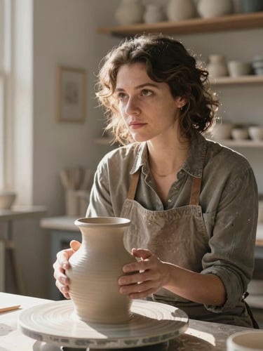 Candid portrait of a female artisan in her sunlit ceramic workshop in Arlington, looking thoughtfully at a clay vase, warm natural morning light, eye-level angle.