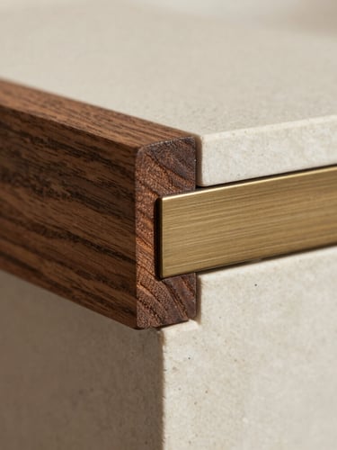 Macro editorial photograph of a hand-sanded dark oak timber joint meeting a brushed bronze fitting, soft natural daylight, shallow depth of field
