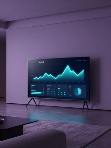 Cinematic wide shot of a luxury minimalist living room at night, a high-end OLED TV displaying a sleek network diagnostics interface with neon-cyan graphs, soft violet ambient lighting, 21:9 framing