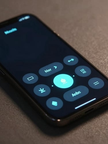 A sleek premium smartphone displaying a dark, glowing media controller interface with neon cyan buttons, soft studio lighting.