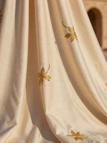 Extreme close-up of heavy silk crepe fabric draping elegantly, catching low-angle warm desert light, highlighting exquisite gold embroidery details, luxury fashion photography