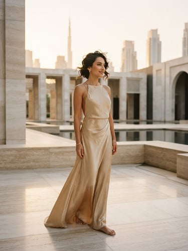 Warm environmental portrait of an elegant woman in a draped champagne gold silk gown standing in a sun-drenched modern minimalist marble courtyard in Dubai, golden hour light, medium format film