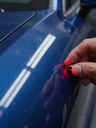 Extreme close-up of a car panel curve under sharp linear LED reflection boards, showing a technician meticulously massaging a dent back to factory line, high-contrast studio lighting, deep blues and reds, ultra-detailed macro focus, 35mm