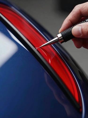 Extreme close-up of a technician using a specialized linear LED reflection board to inspect a car panel curve, high-contrast studio lighting, sharp red reflections, 35mm