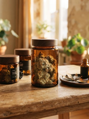 Warm editorial photograph of elegant amber glass jars containing cannabis flower, arranged artfully on a minimalist wooden surface, soft golden-hour window light, rich earthy tones, shallow depth of field, 35mm, portrait orientation.