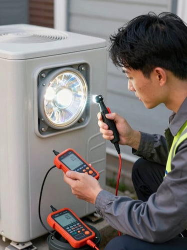 AC technician with headlamp working on a residential outdoor unit at night, showing diagnostic tools, realistic high-visibility lighting