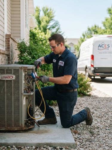Professional technician in uniform working on an outdoor AC condenser unit in bright Lindon daylight, service van parked nearby, shallow depth of field. Subject is slightly to the left, with ample negative space on the right.
