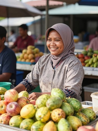 Candid medium shot of a friendly Indonesian female market vendor smiling in her clean fruit stall, bright natural morning daylight, warm organic tones, 35mm