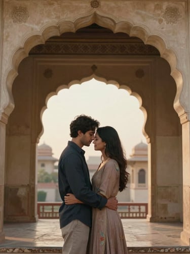 Cinematic portrait of a couple embracing gently under a stone archway of a Rajasthani palace, soft golden-hour light, warm film tones, off-center editorial crop.