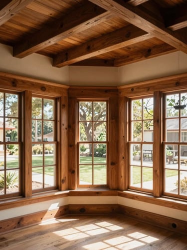 Wide-angle architectural shot of a restored Craftsman home interior, warm California daylight streaming through wood-framed windows, highlighting pristine joinery and custom trim.