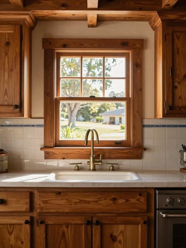 Straight-on architectural photo of a restored Craftsman kitchen, warm California daylight filtering through a wood-framed window, showcasing meticulous joinery and classic tiled backsplash.