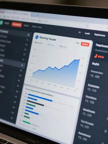 Close-up of a modern digital marketing dashboard showing positive lead trends and phone call tracking metrics, high contrast, clean interface