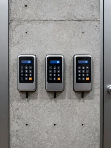 Straight-on symmetrical shot of clean, modern storage corridor with digital keypad access control on a concrete wall.