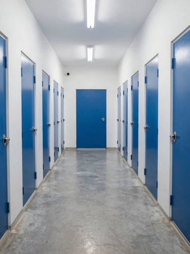 Symmetrical wide shot of a brightly lit, clean storage corridor in Dubai, showing uniform blue doors, white walls, and polished concrete floor under even, bright daylight simulation.