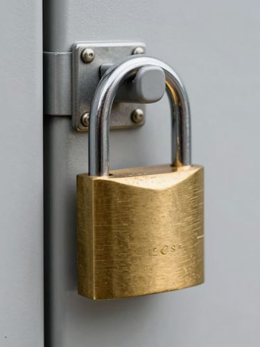 Close-up of a heavy-duty brass padlock securing a storage unit door, clean industrial aesthetic.