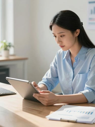 A professional consultant in a bright modern workspace, reviewing financial data on a tablet, soft shadows, warm sand tones, 35mm