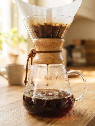 Bright editorial food photography of coffee slowly dripping through a Chemex paper filter into a glass carafe, warm morning light, shallow depth of field.