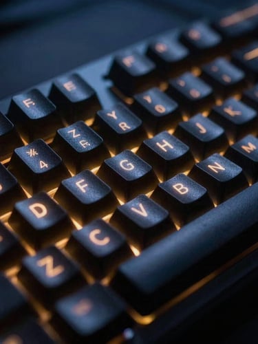 Macro close-up of a mechanical keyboard in a dark room, glowing amber backlights reflecting off the keycaps, shallow depth of field, 35mm photography.