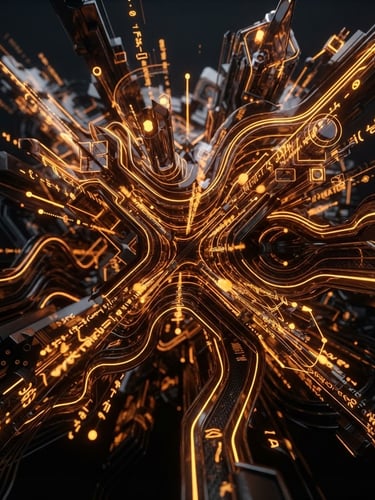 dark 3d render, neon amber rim lighting, deep obsidian background, cyber-luxury mood, macro lens, abstract architectural code visualizations glowing in amber