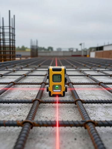 Straight-on architectural macro shot of a digital laser level casting a sharp red line across perfectly tied reinforcement steel on a clean concrete deck, high-contrast overcast daylight.