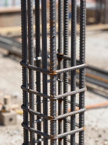 Macro shot of perfectly tied reinforcement steel on a clean construction site, hard daylight, sharp geometric lines.