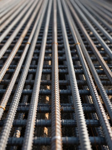 Straight-on architectural macro shot of perfectly tied reinforcement steel grids, cold morning daylight, sharp industrial contrast.