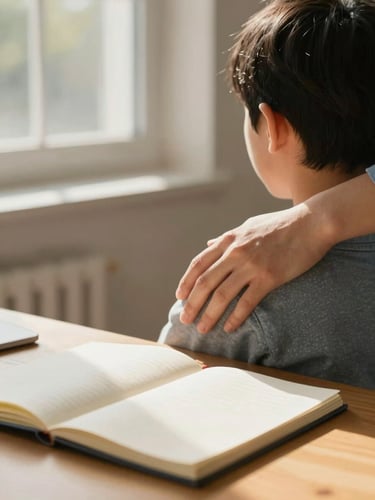 Close-up of a care worker's hand resting gently on a child's shoulder at a wooden table, warm afternoon window light, a notebook open in the foreground, calm residential interior visible softly out of focus behind