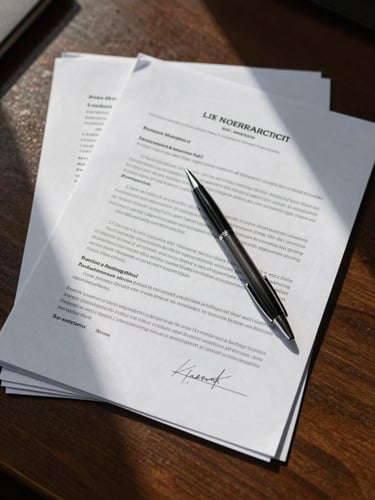 Close-up overhead view of layered legal briefs and signed contracts on a dark wooden desk, institutional fluorescent lighting casting sharp shadows, a pen resting diagonally across dense printed text, no people visible